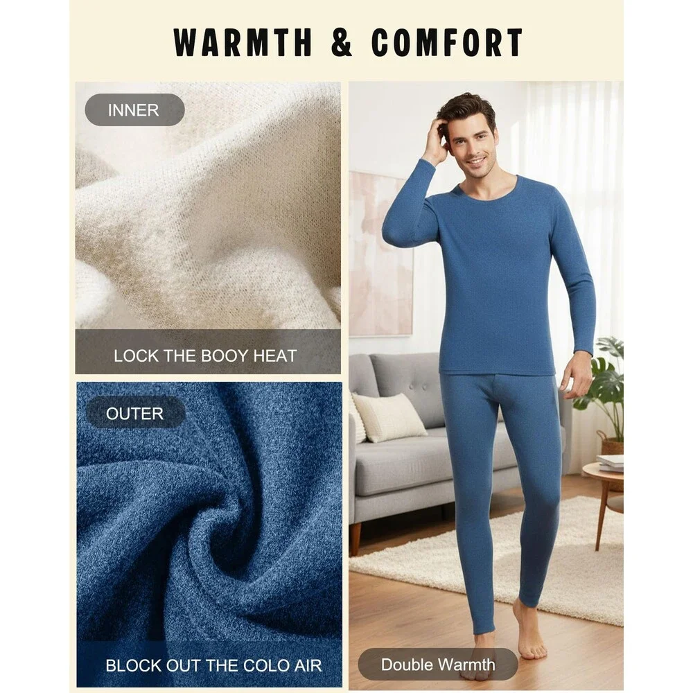 Patelai Men's Gray 2 Pack Thermal Underwear Fleece Lined Long Winter Base L